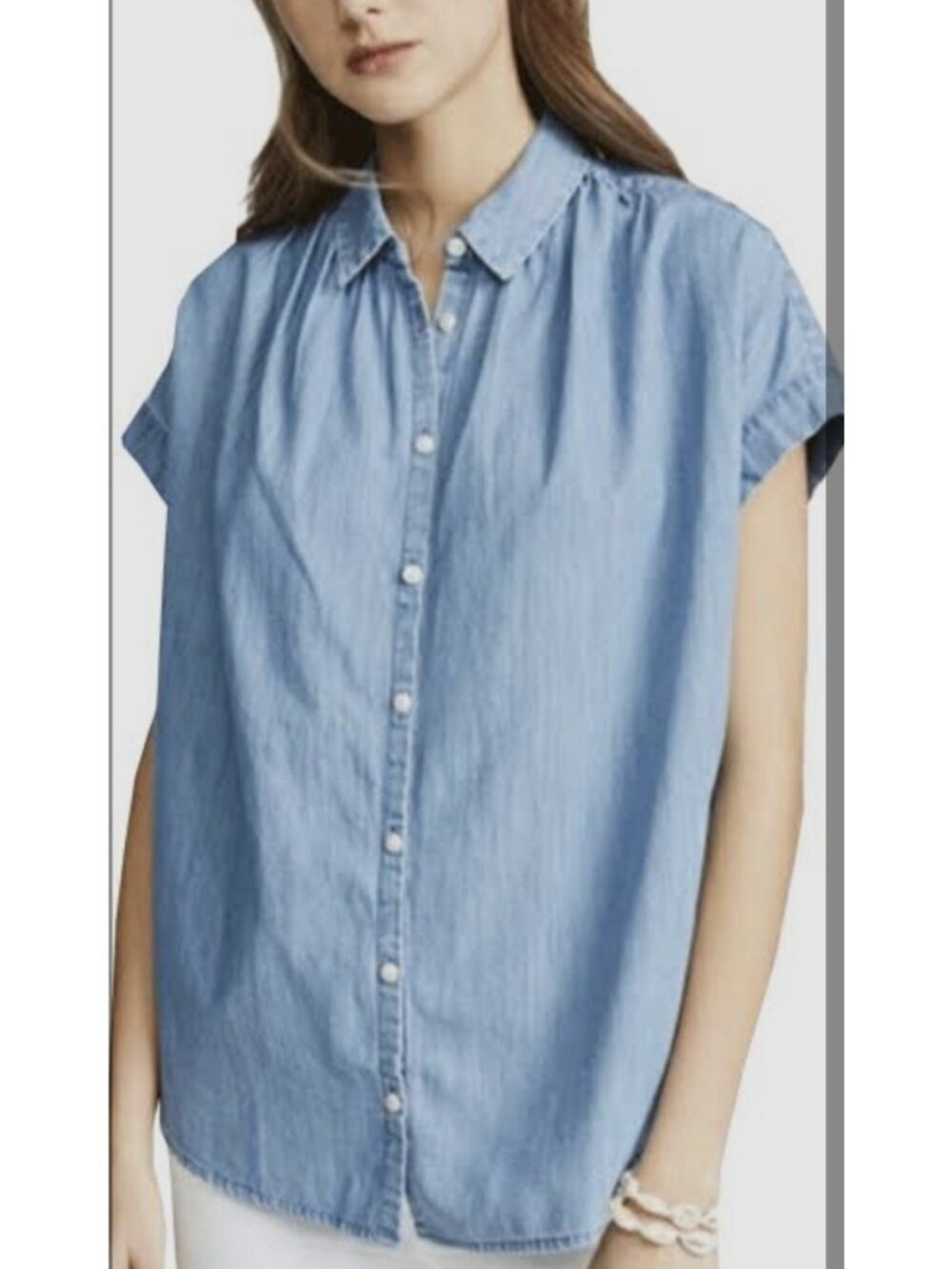 Madewell Button Down Shirt Women XS Blue Cotton Lyocell Cap Sleeve Oversized